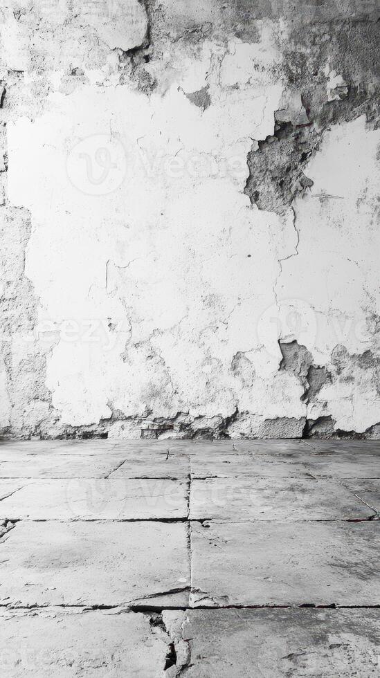 Cracked white wall and floor in an abandoned building highlighting urban decay and texture under natural light photo