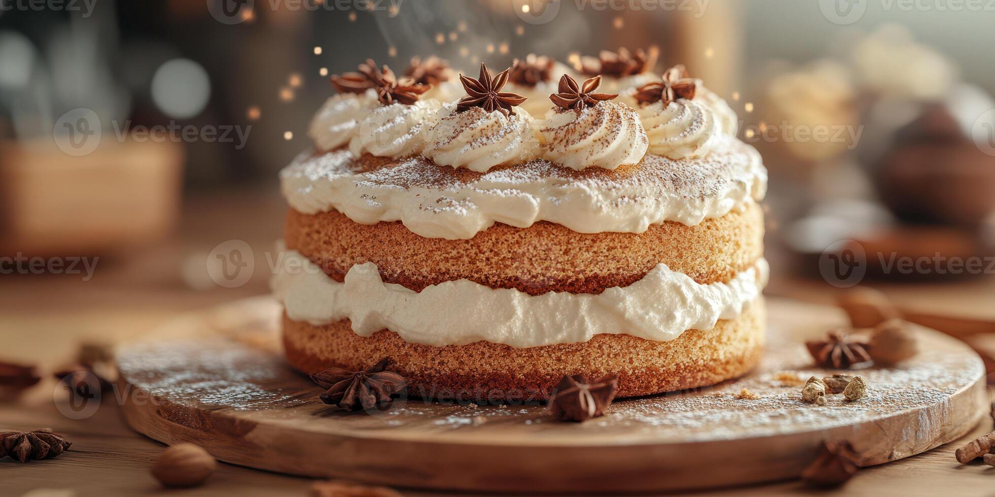 Deliciously decorated layer cake with creamy frosting and spices in a cozy kitchen setting photo
