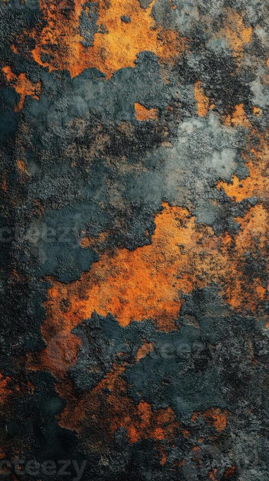 Textured surface with orange and gray patterns resembling natural stone or rust in a close-up view photo