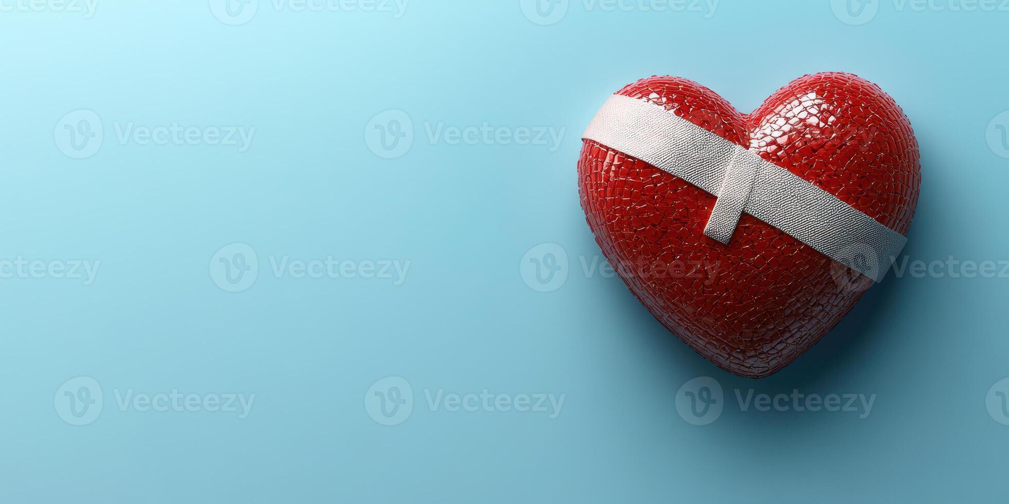 Heart shaped object with a bandage on a blue background represents healing and hope during challenging times photo