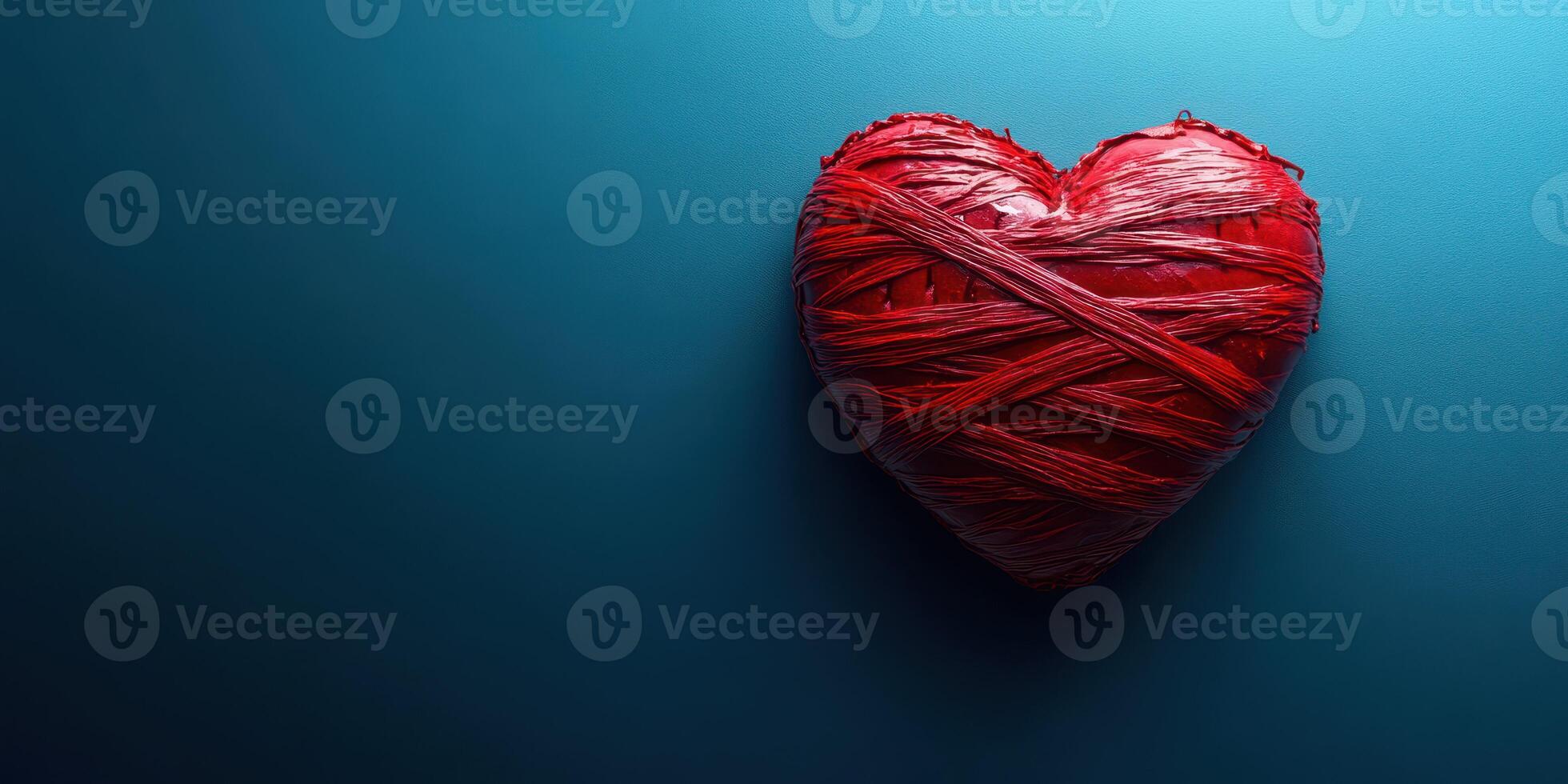 Heart made of red thread against a blue background symbolizes love and connection in a creative design photo