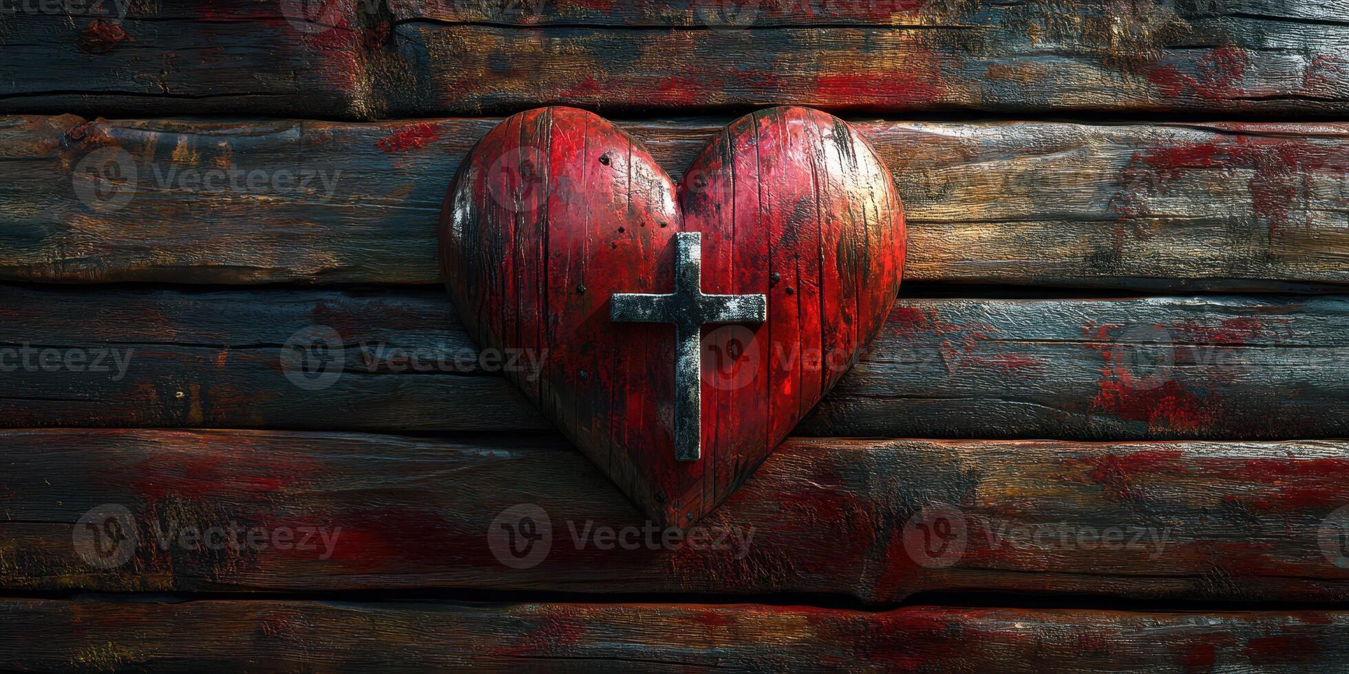 Vibrant red heart with a cross against a rustic wooden background photo
