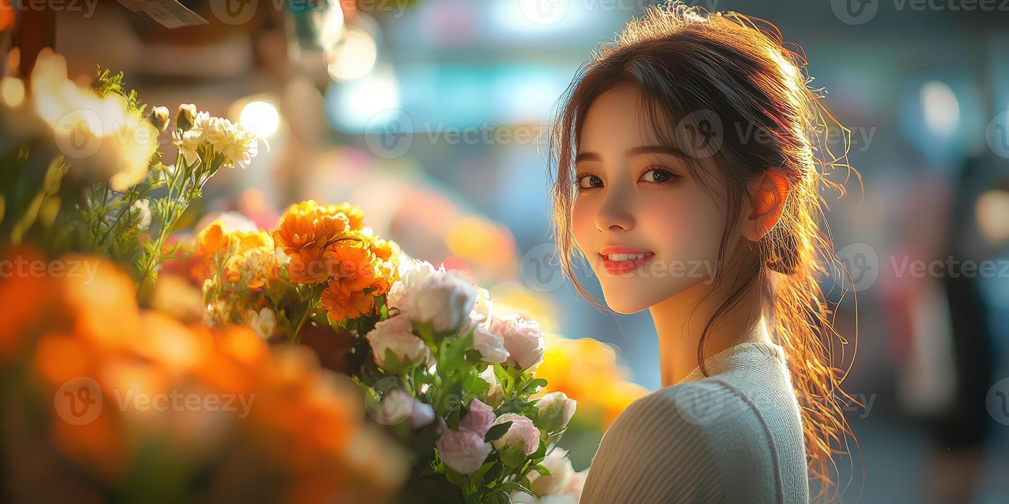 Young woman enjoys shopping for flowers at a bustling market during the day photo