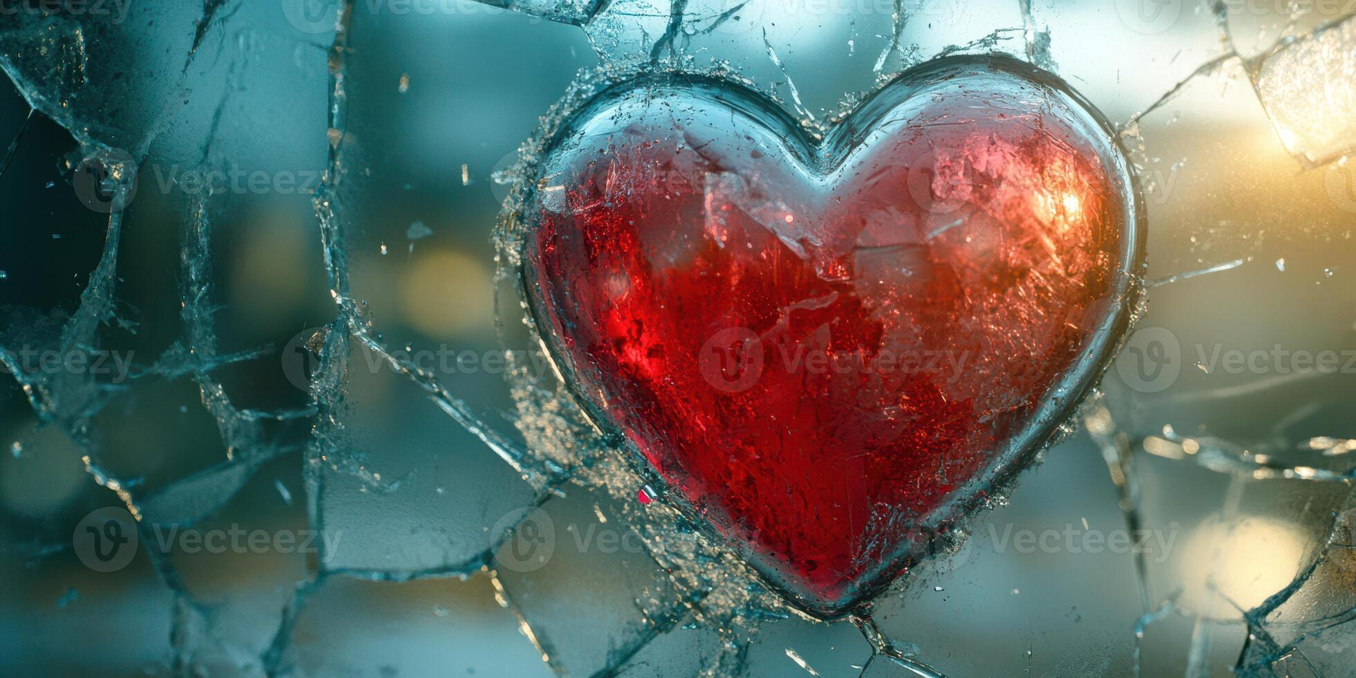 Heart shape embedded in broken glass reflects light during sunset in an urban setting photo