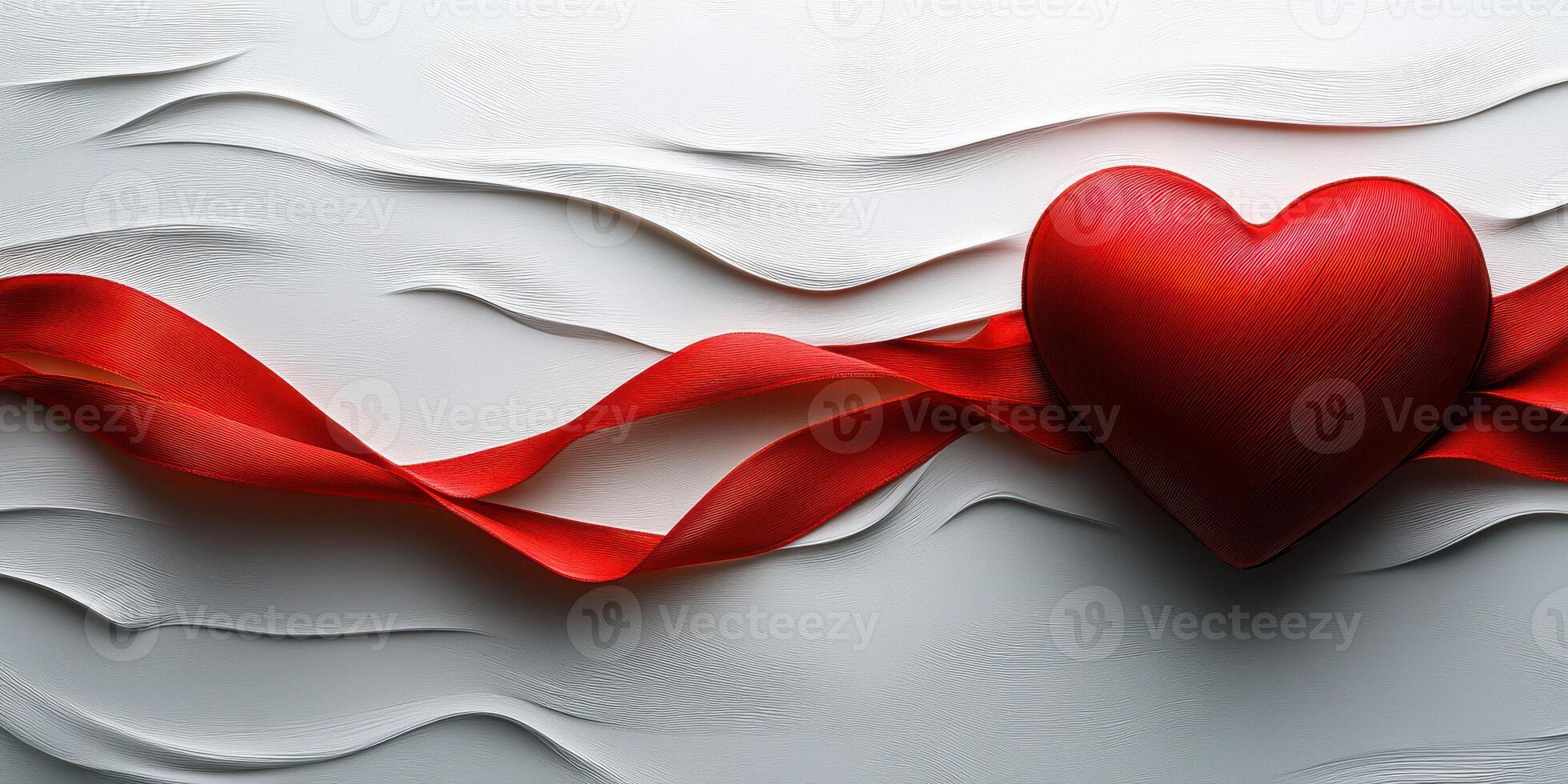 Red heart with ribbon rests on textured white surface, symbolizing love and connection photo