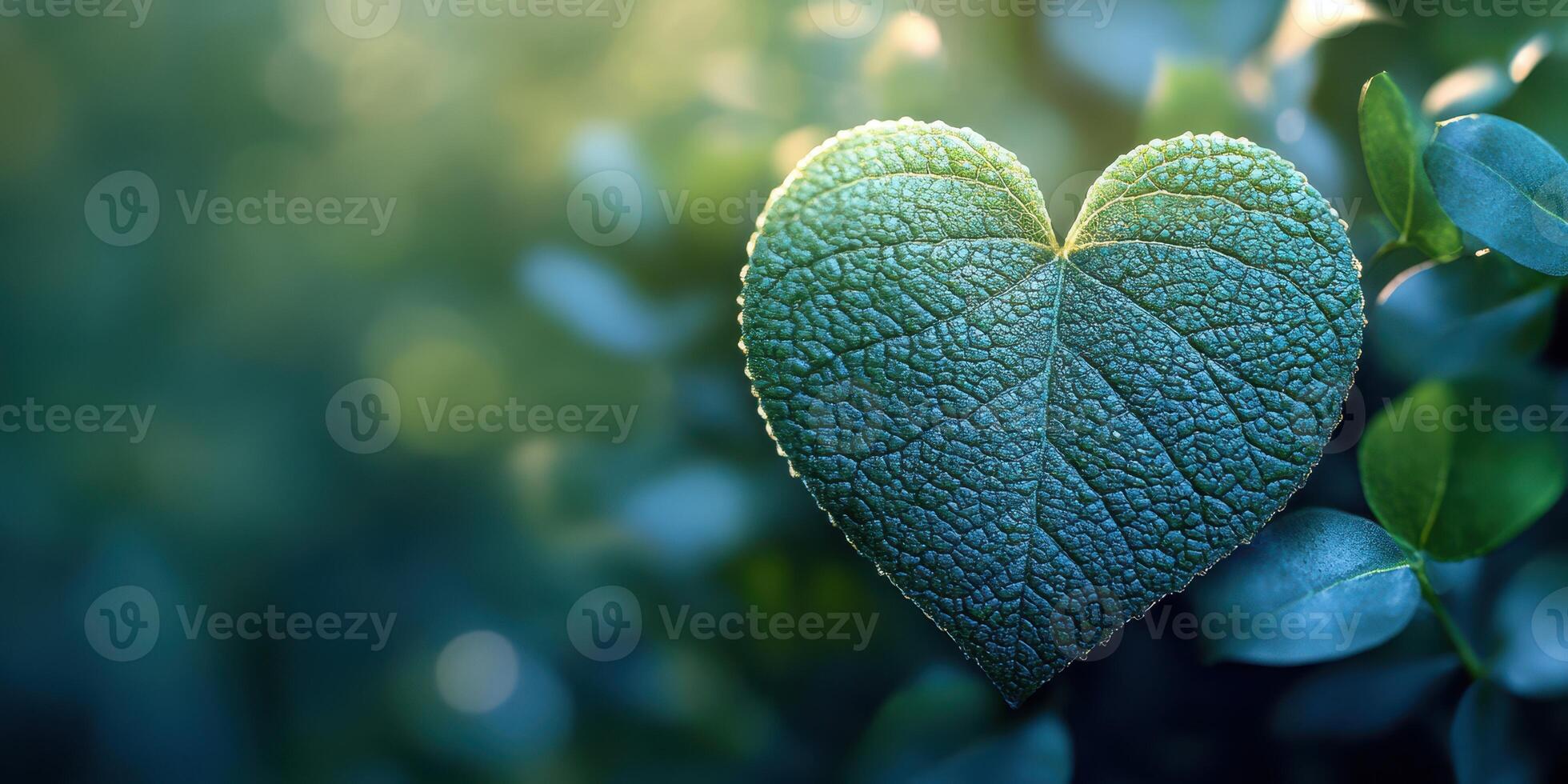 Heart-shaped leaf rests among lush greenery in a serene garden setting during golden hour photo
