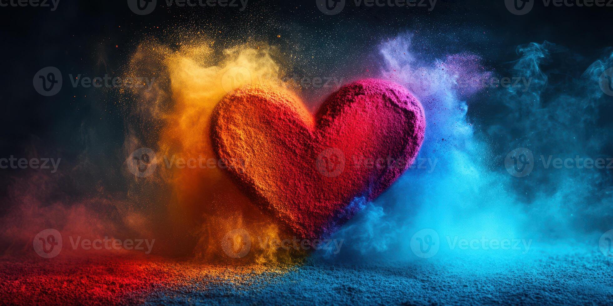Heart shape created with colorful powder in a vibrant display of explosive colors against a dark backdrop photo
