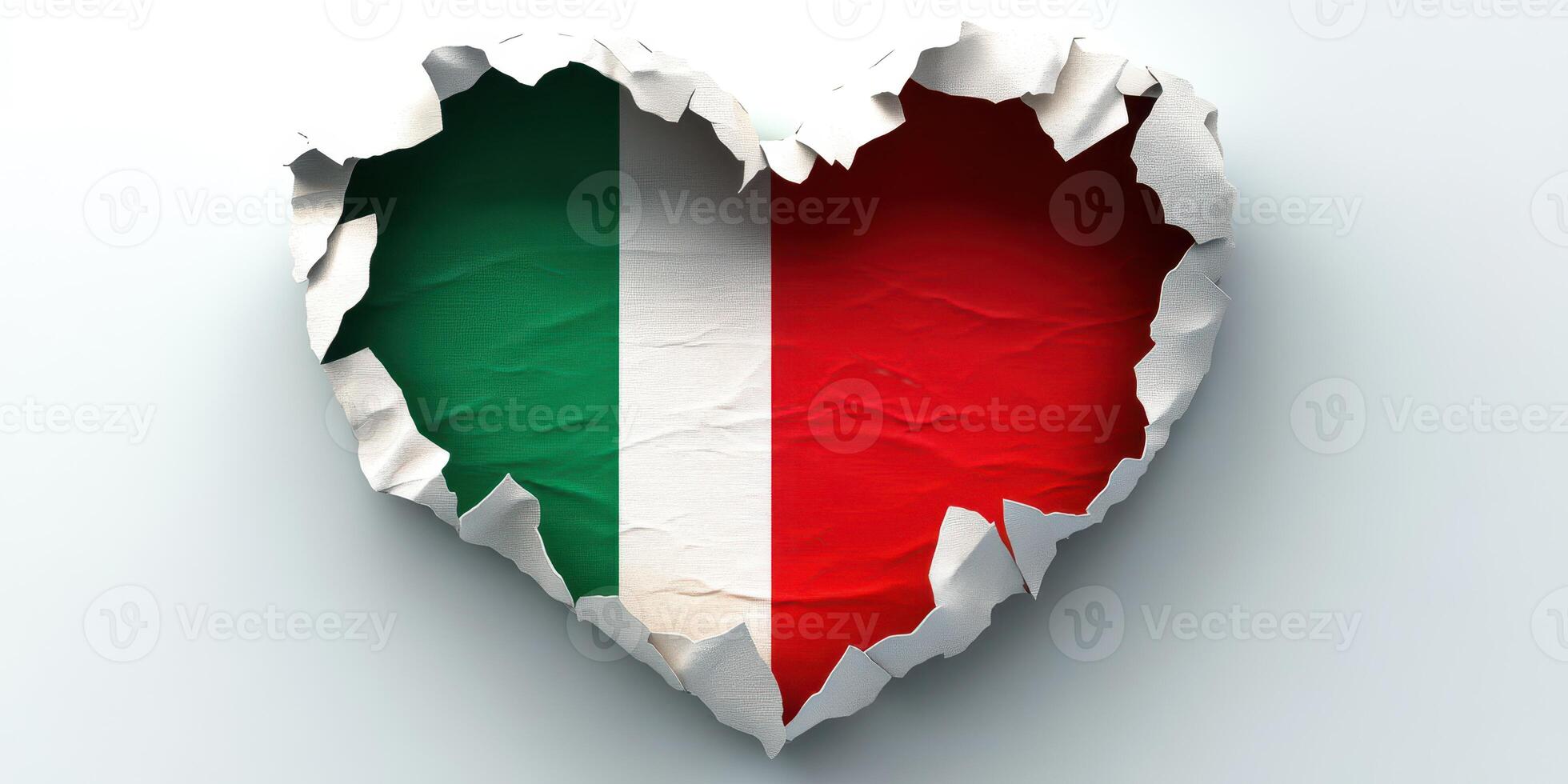 Heart shaped torn paper reveals Italian flag with vibrant colors and distinct design representing passion and culture photo