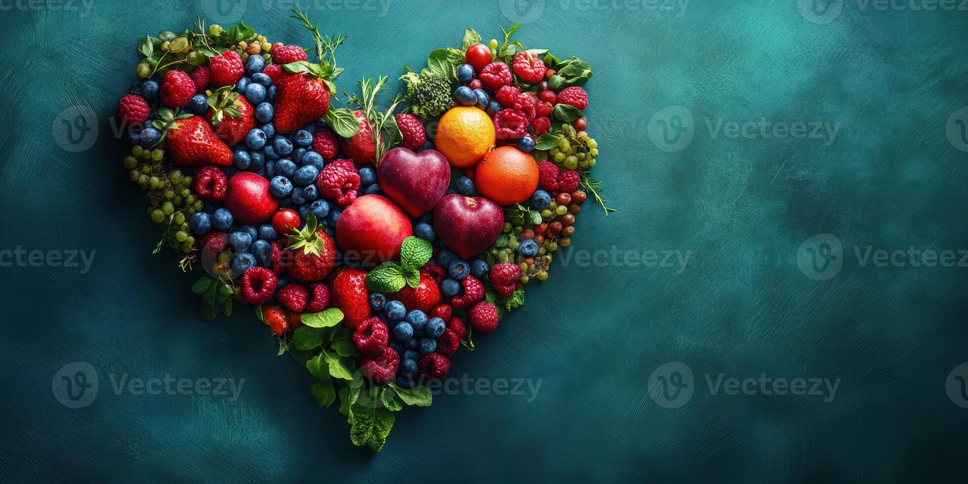 Colorful heart shape created with fresh fruits and berries displayed on a turquoise background photo
