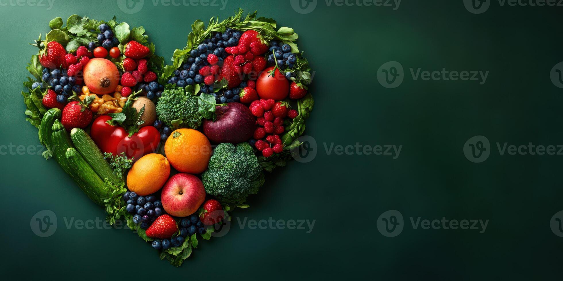 Colorful heart-shaped arrangement of fresh fruits and vegetables on a dark background celebrating health and nutrition photo