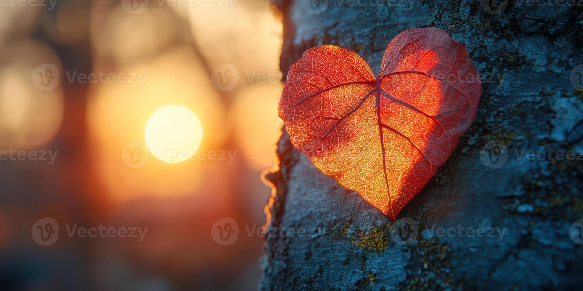 Heart-shaped leaf glowing against a sunset backdrop on a tree trunk in a serene outdoor setting photo