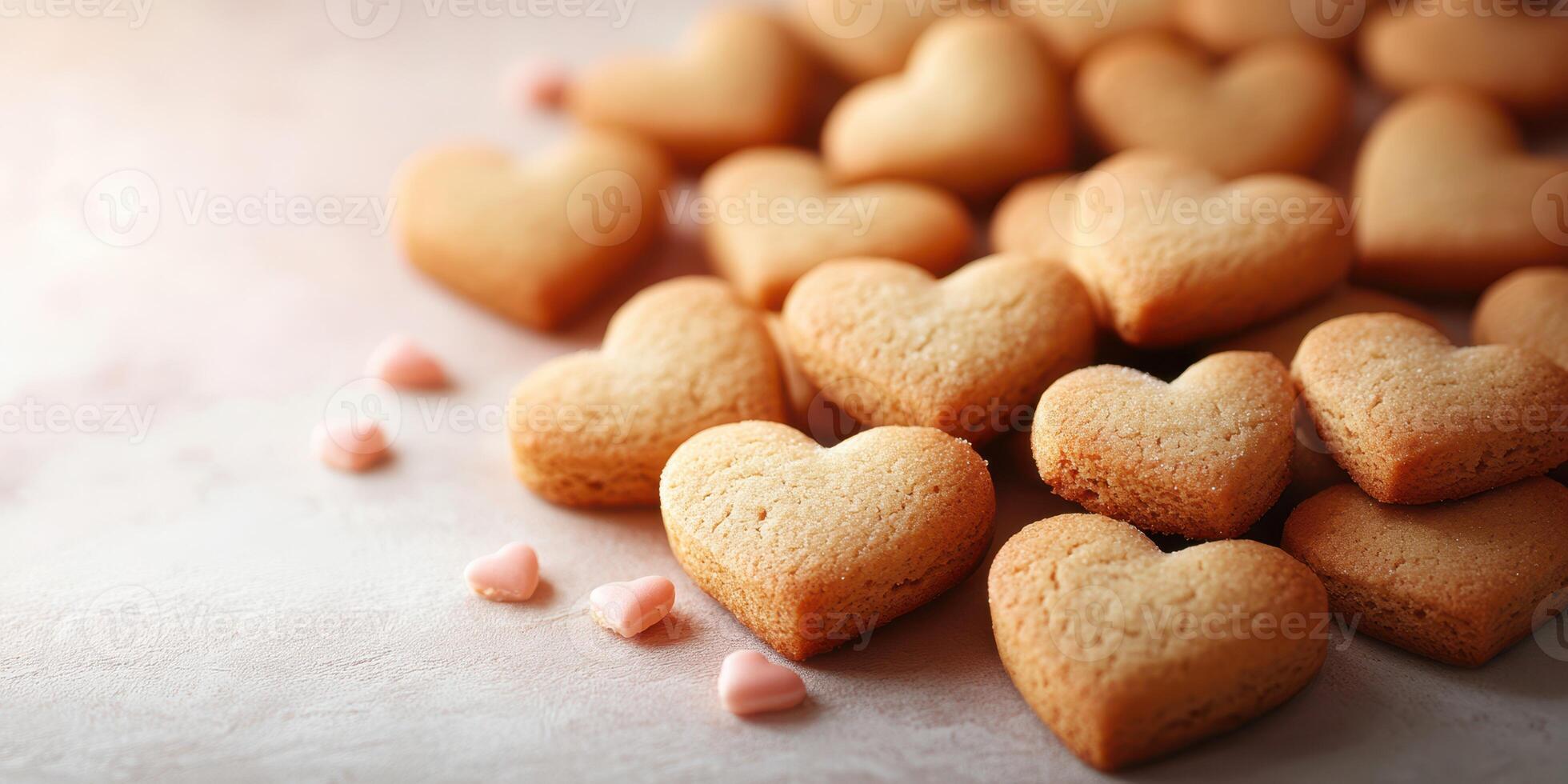 en forma de corazon galletas arreglado en un ligero superficie con pequeño decorativo golosinas alrededor foto