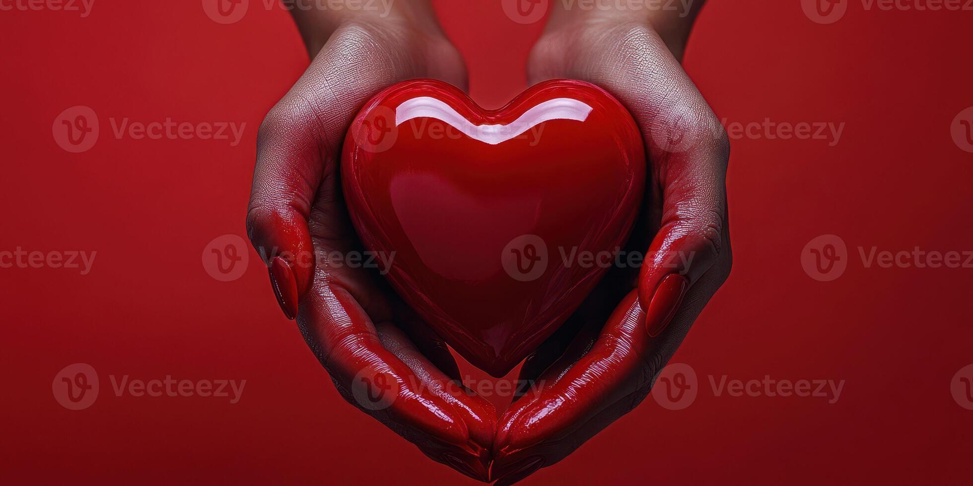 Hands holding a shiny red heart against a vibrant red background, symbolizing love and connection photo
