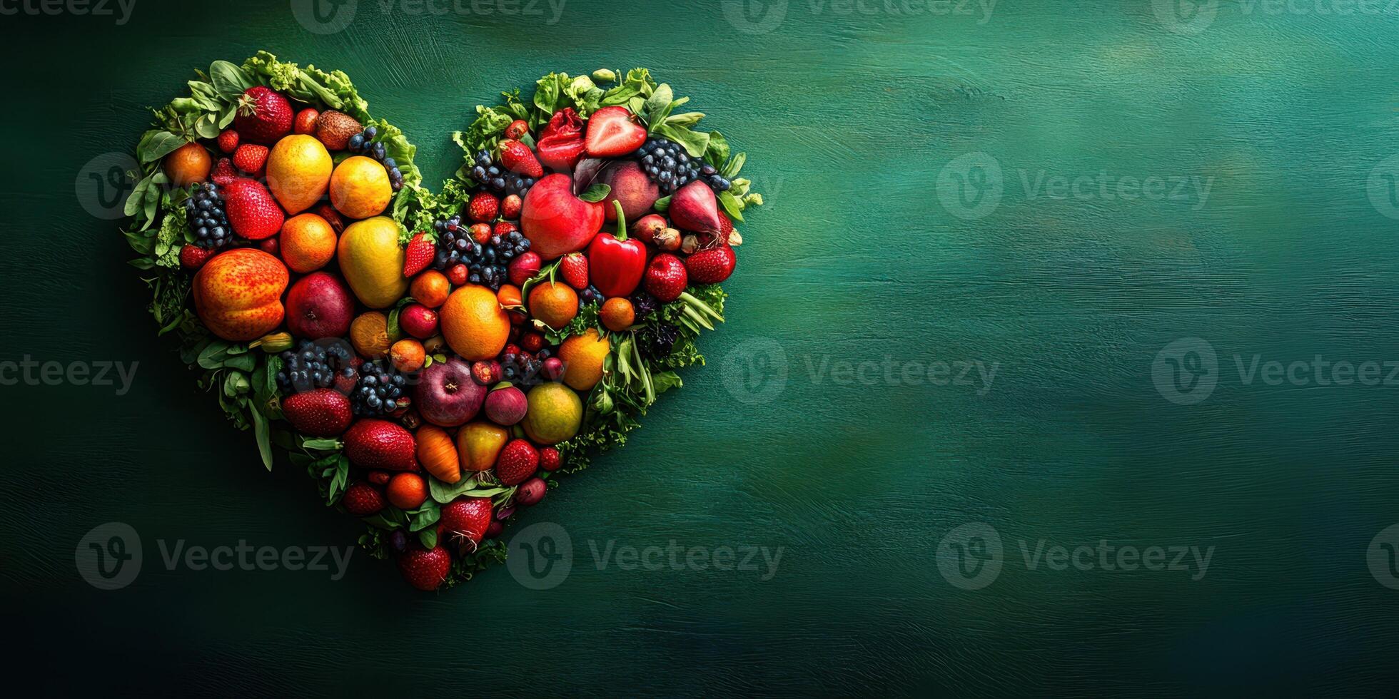 Fresh fruits and vegetables arranged in a heart shape against a dark green background showcasing healthy eating and love for nature photo