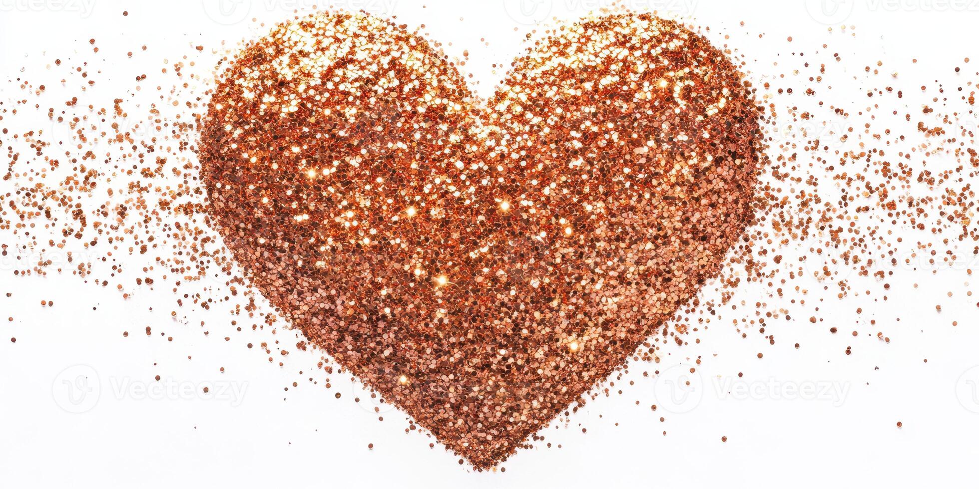 Heart shape made of shimmering copper glitter on white background for decorations and events photo
