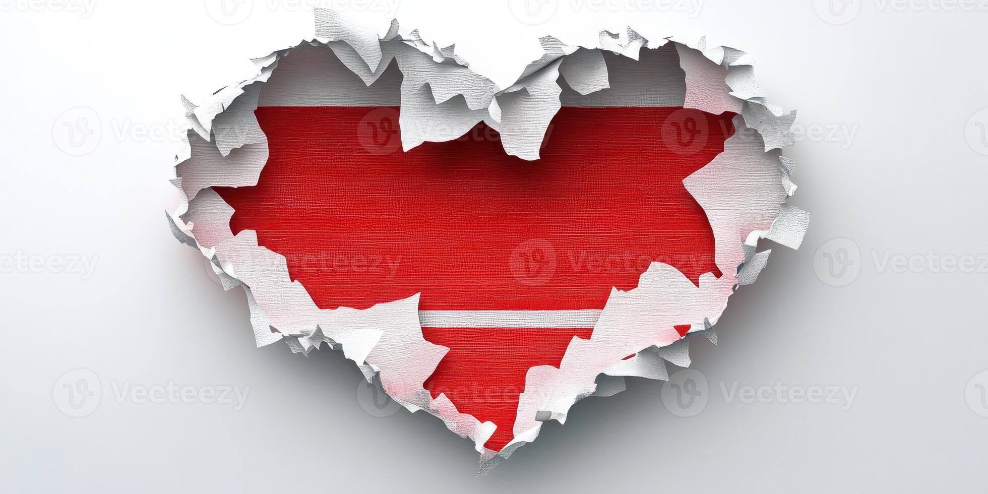 Heart shape revealing red and white colors of a flag created by torn paper in a creative artistic representation photo