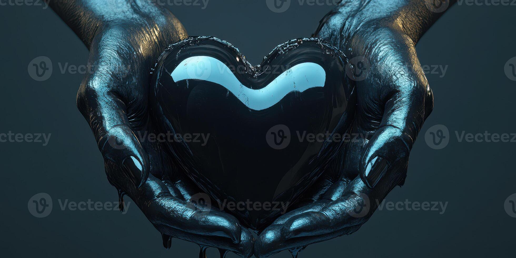 Creative hands hold a shiny black heart shaped object against a dark background during an artistic display photo