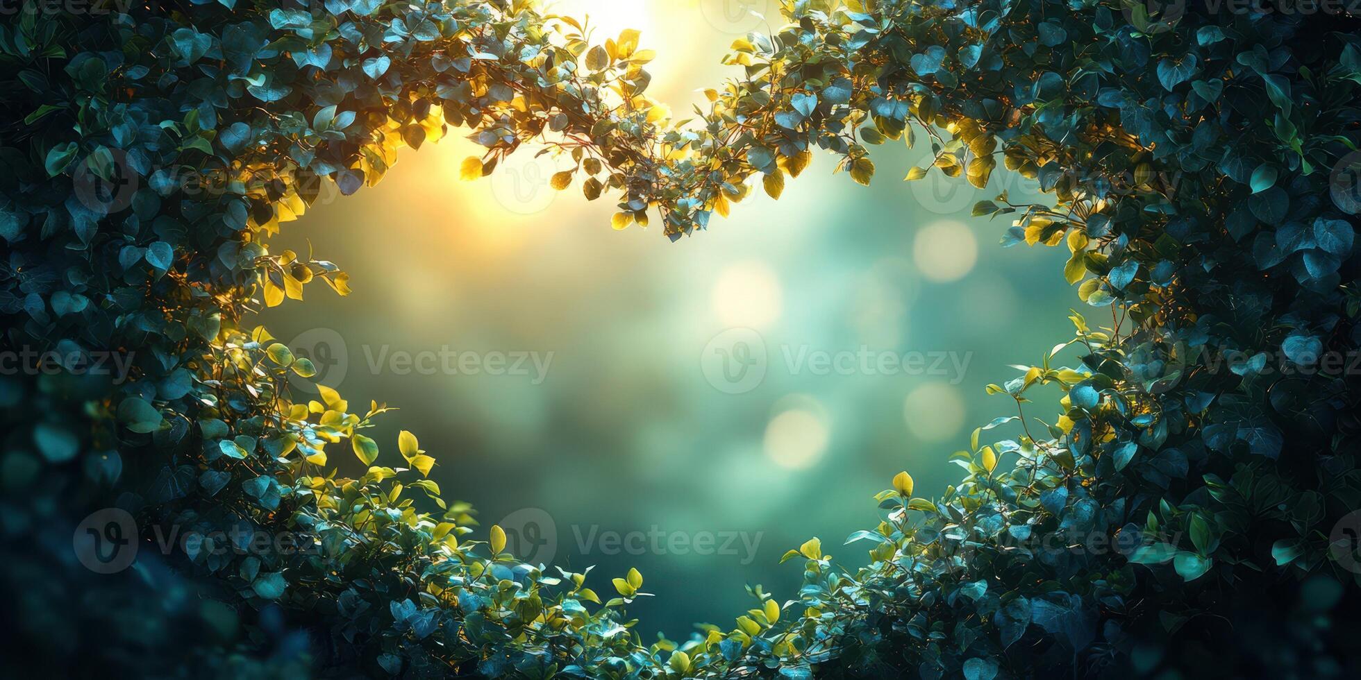 Sunlight filters through lush foliage creating a heart shape in a tranquil outdoor setting at dusk photo
