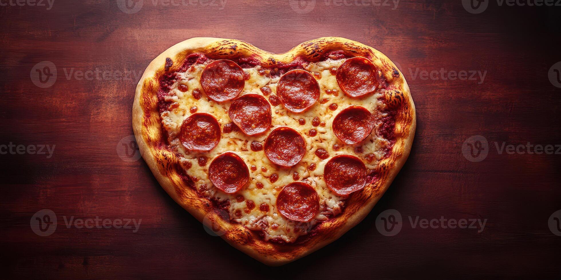 Heart-shaped pepperoni pizza on a wooden table garnished with cheese and spices for a romantic dinner photo