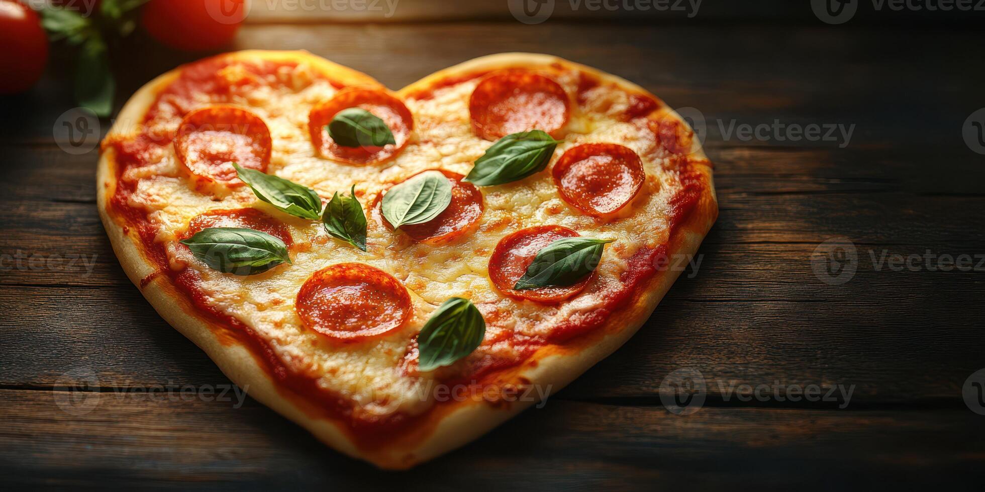 Heart-shaped pizza topped with pepperoni and fresh basil on a rustic wooden table with tomatoes photo