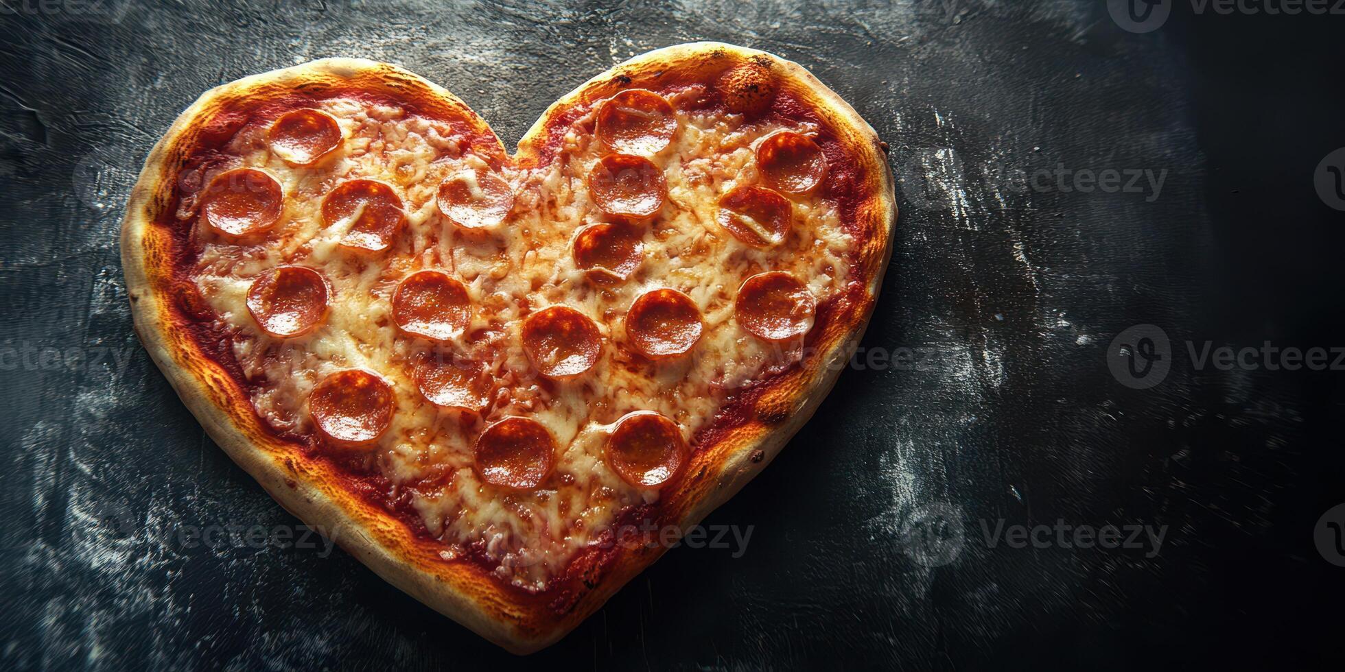 Heart-shaped pizza topped with pepperoni served on a dark surface for a romantic occasion photo