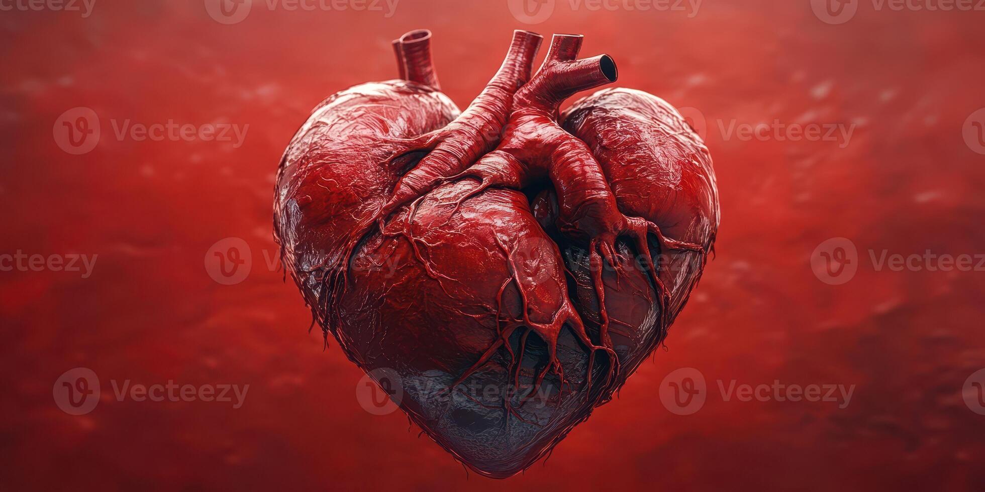 Realistic depiction of a human heart on a red background highlighting anatomical details and texture photo