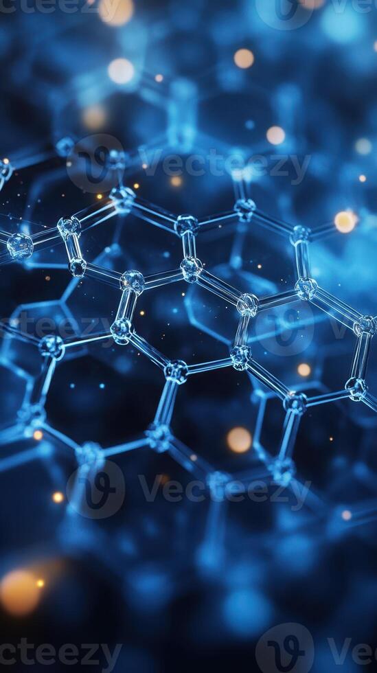 Close-up of intricate molecular structure with blue highlights glowing softly in a dark environment photo