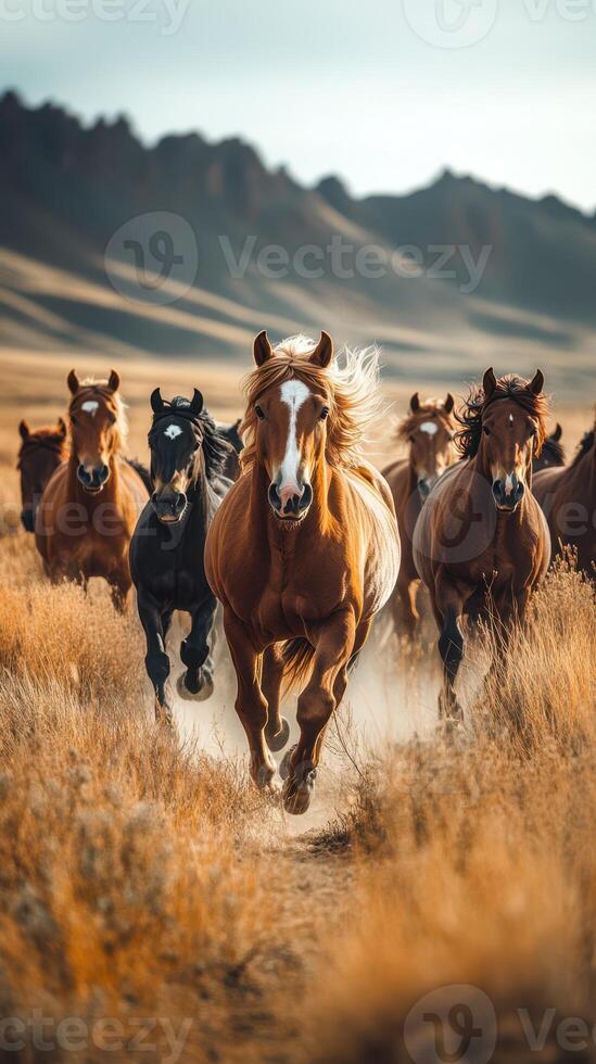 Horses running through a golden field in the great plains during late afternoon sunlight photo