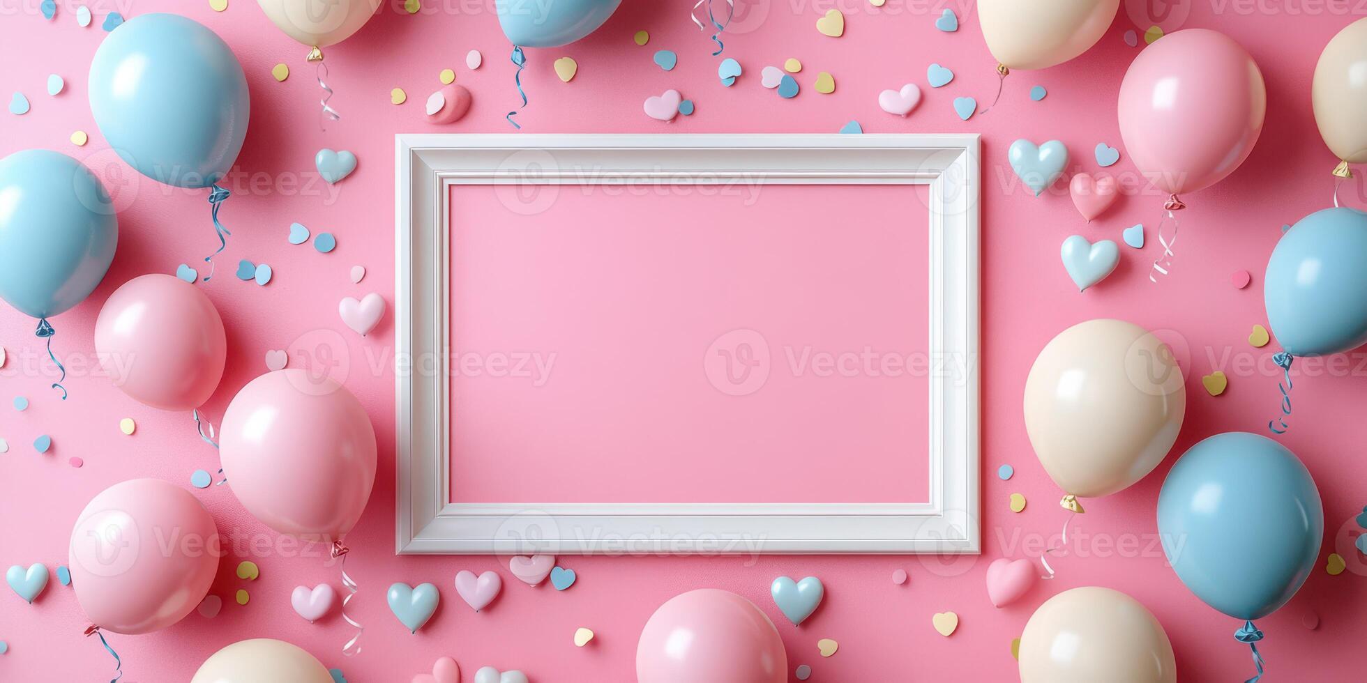 Festive balloon arrangement with heart confetti and an empty frame on a pink background for a celebration or party decoration photo