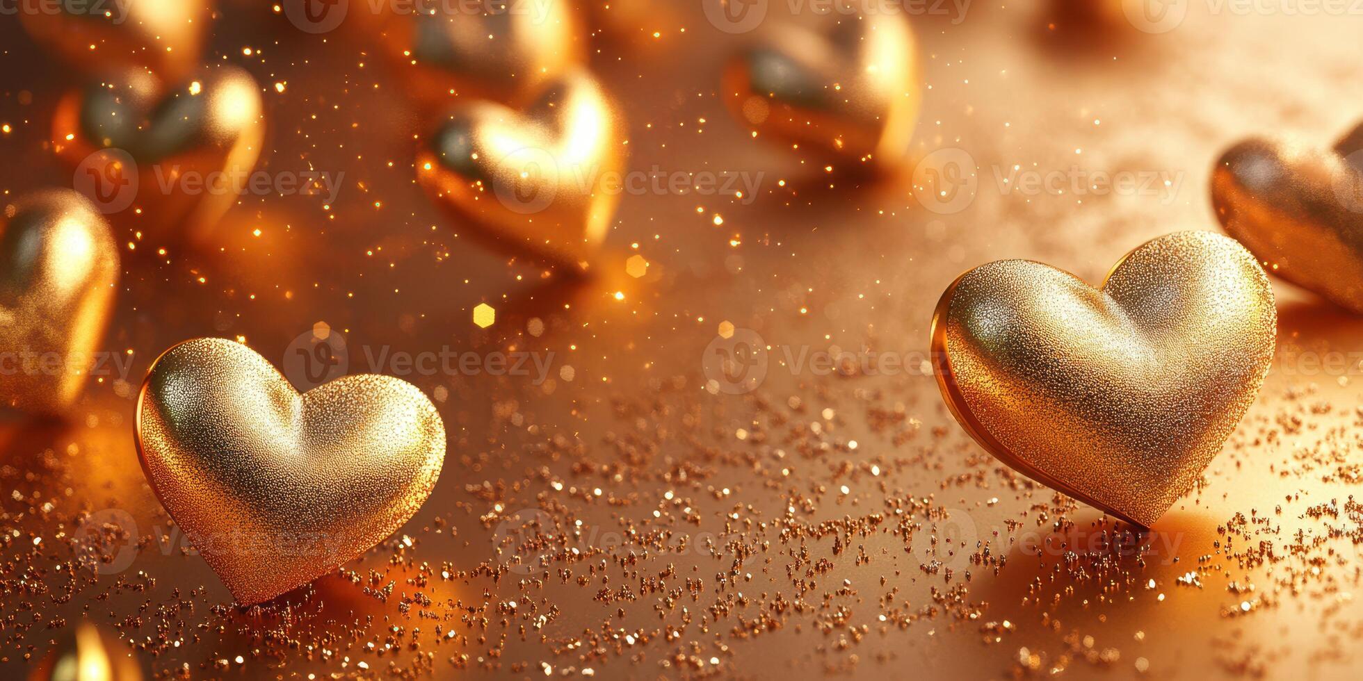 Shimmering golden hearts scattered on a warm, sparkling background creating a festive atmosphere photo
