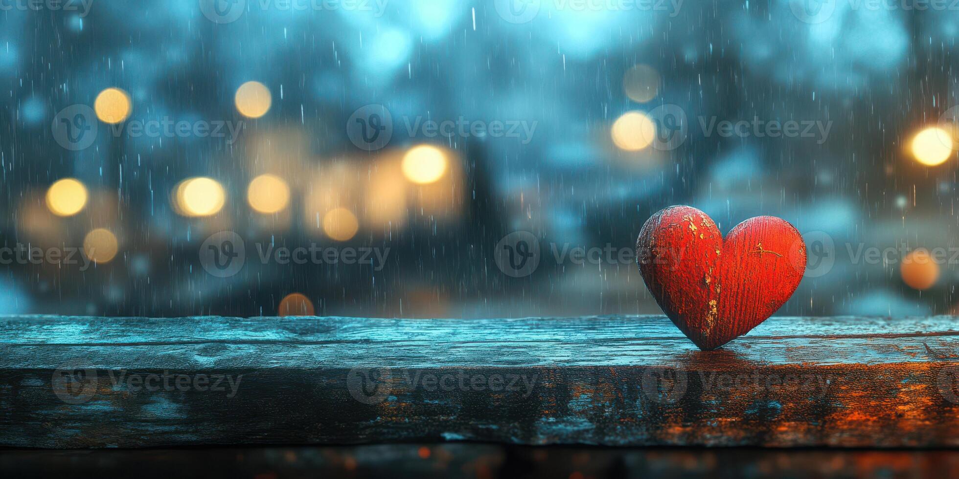 Heart-shaped decoration on a rainy window sill with blurred lights in the background during an evening photo