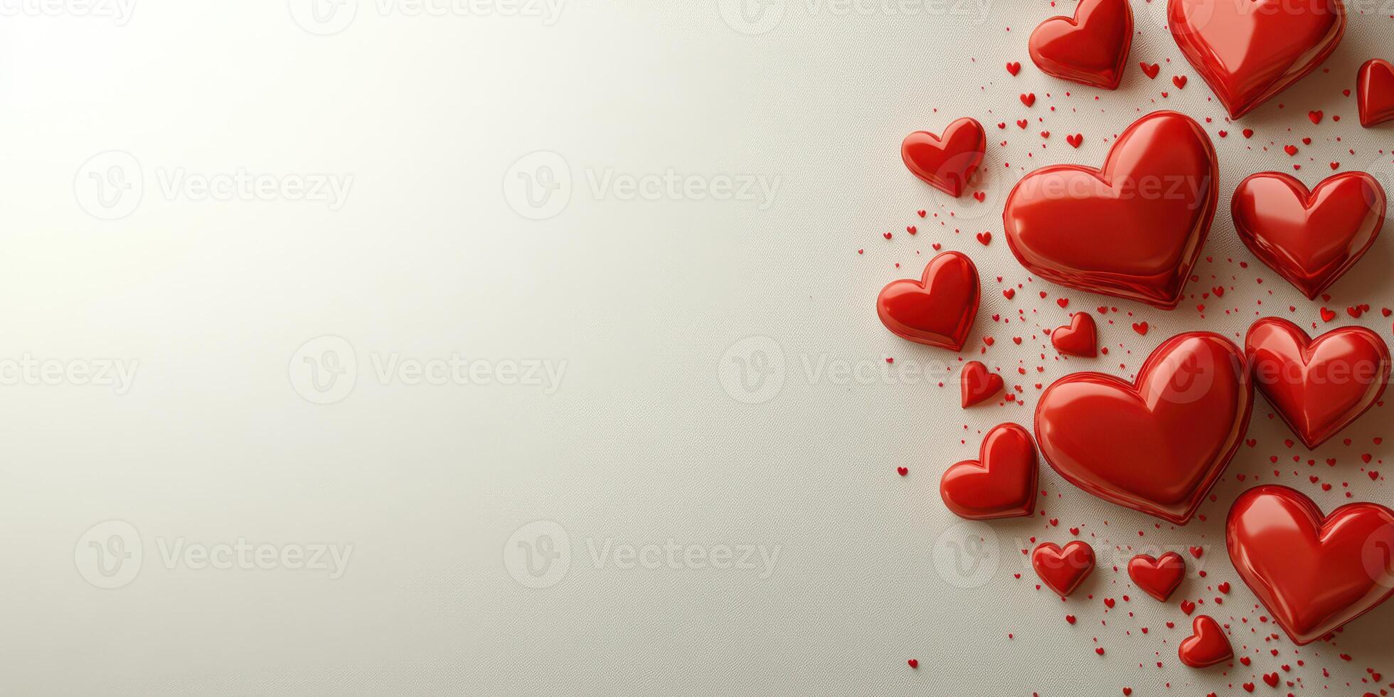 Red hearts scattered on a light background create a romantic atmosphere for celebrations or events photo