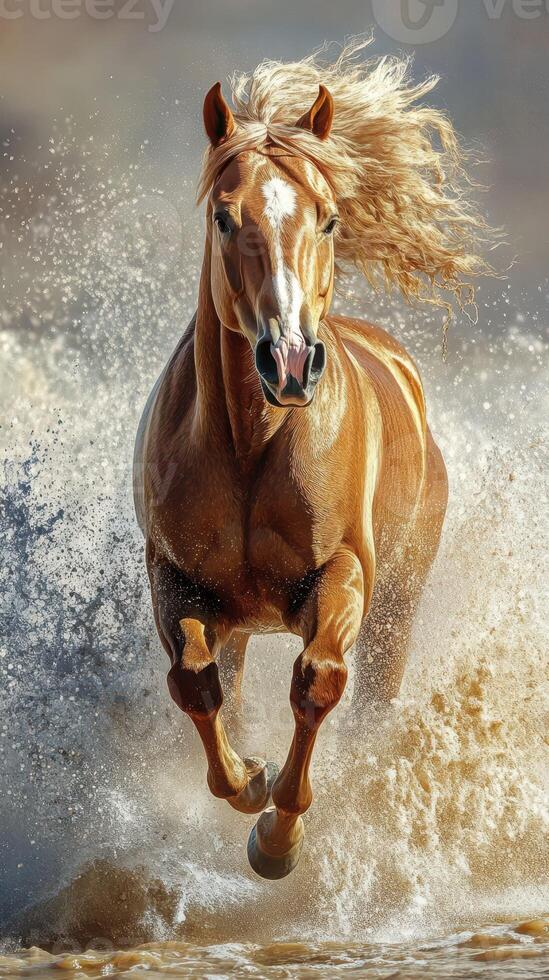Majestic horse gallops through the water, displaying strength and grace under a dramatic sky photo