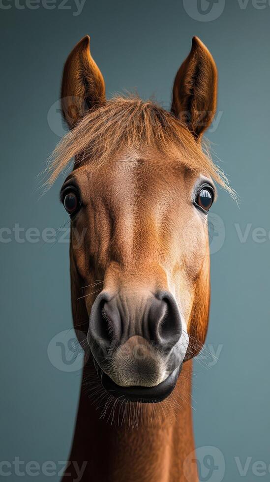 Close-up of a friendly brown horse with a soft mane against a calm blue background during studio photography session photo