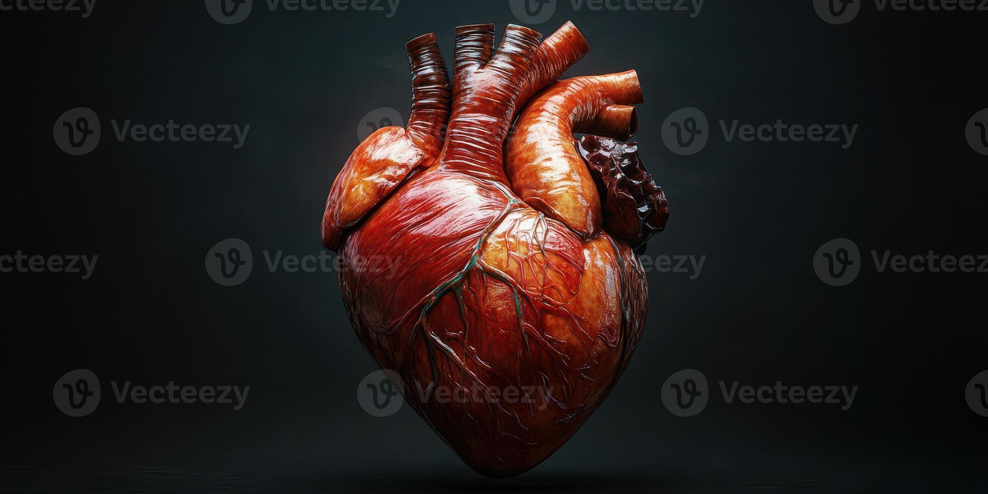 Realistic human heart model showcasing intricate details and textures in a dark background setting photo