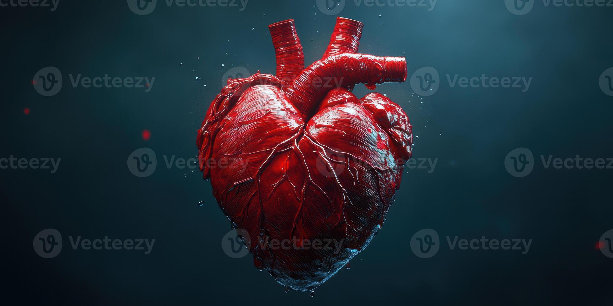 Heart anatomy representation in detailed 3D design with realistic textures and vibrant colors on a dark background photo