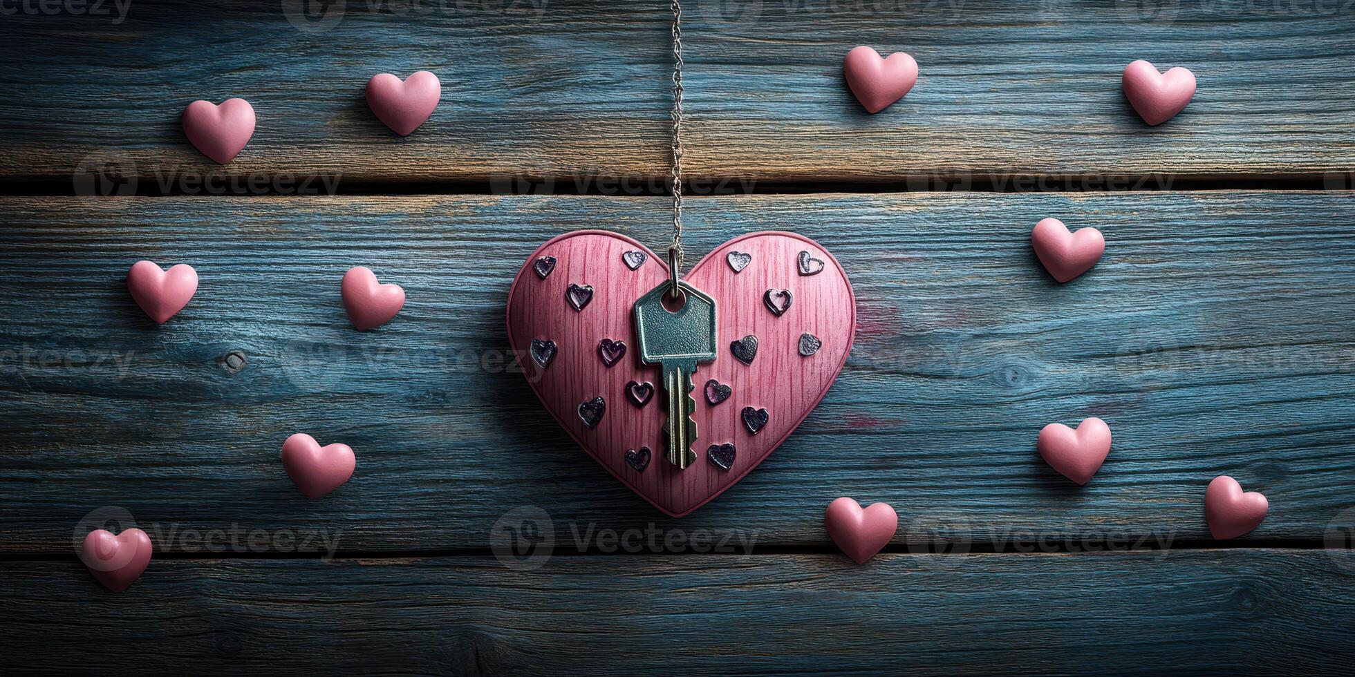 Heart-shaped padlock with key surrounded by small pink hearts on wooden background photo