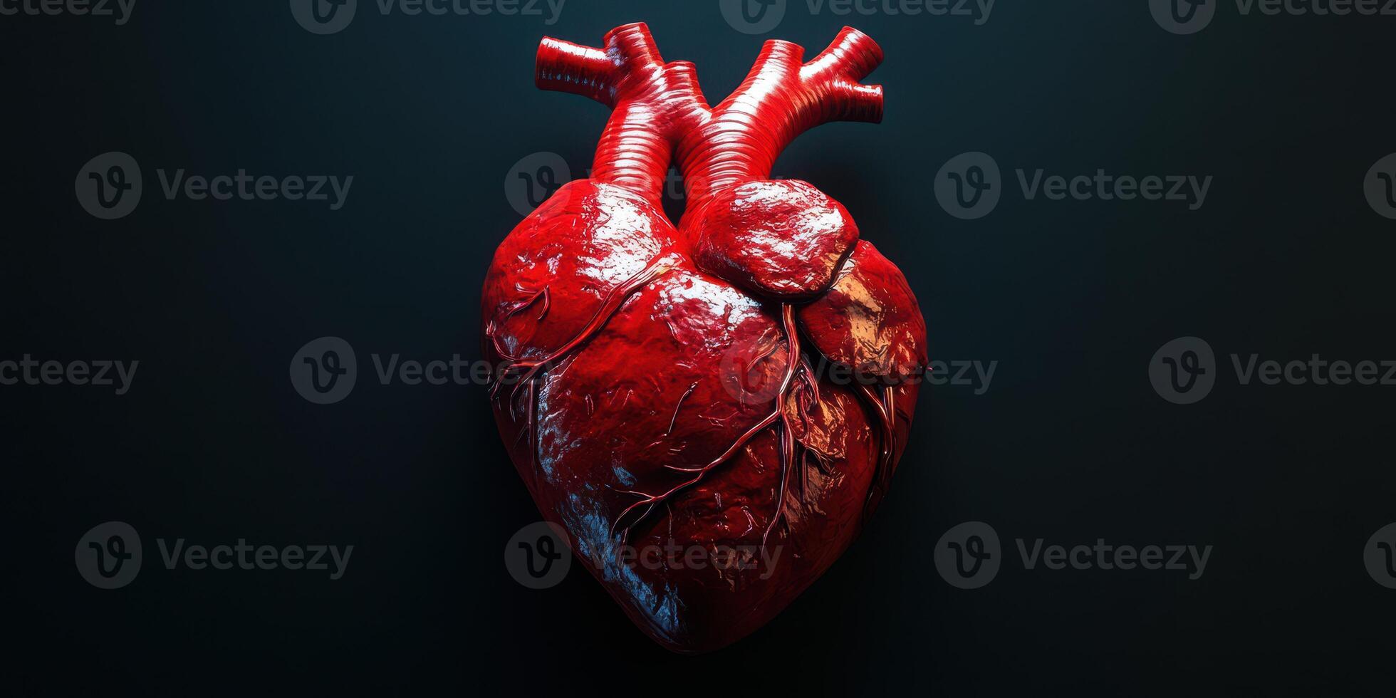 Realistic human heart model showcasing detailed anatomy and structure against a dark background, highlighting the complexity of the circulatory system photo