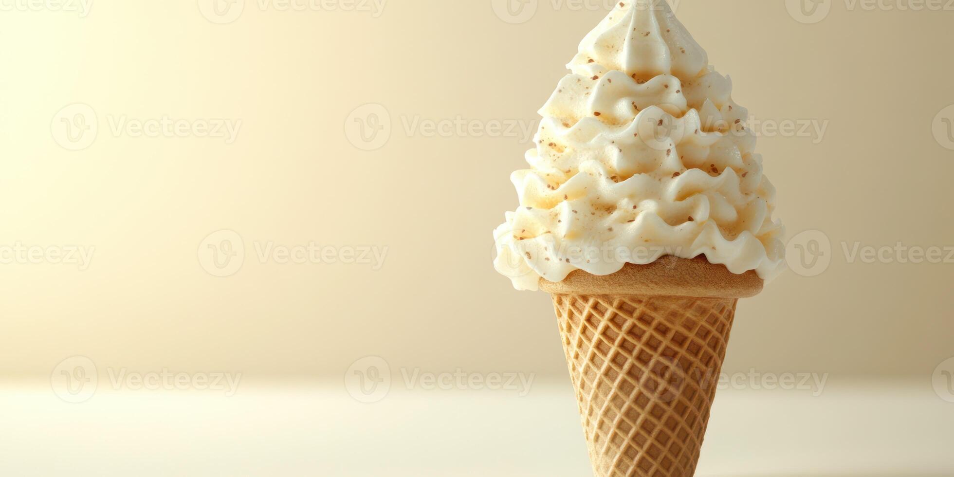 Delicious soft serve ice cream on a waffle cone with whipped topping in a bright setting photo