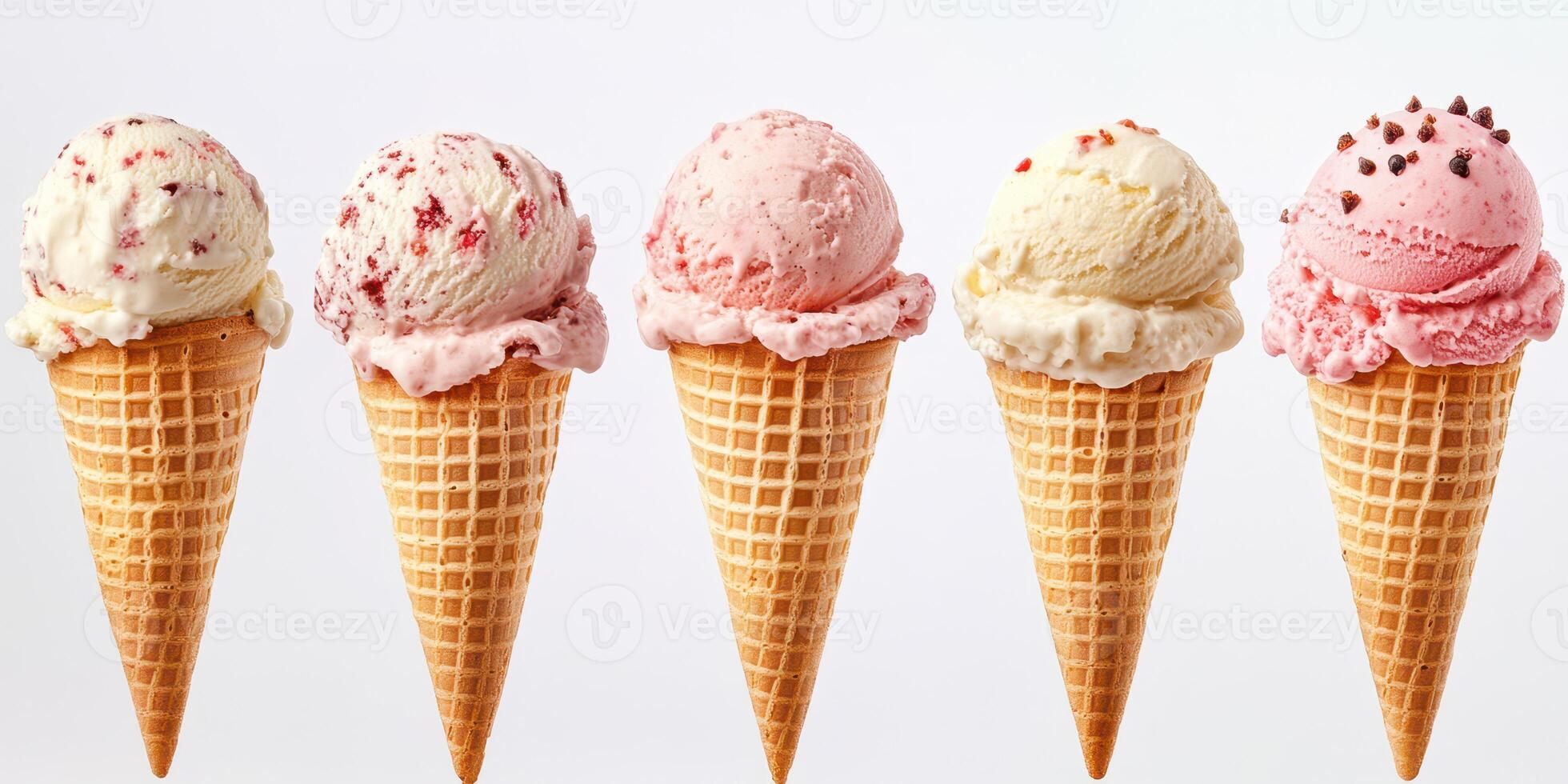 Five vibrant ice cream cones arranged in a row showcasing various flavors and textures photo