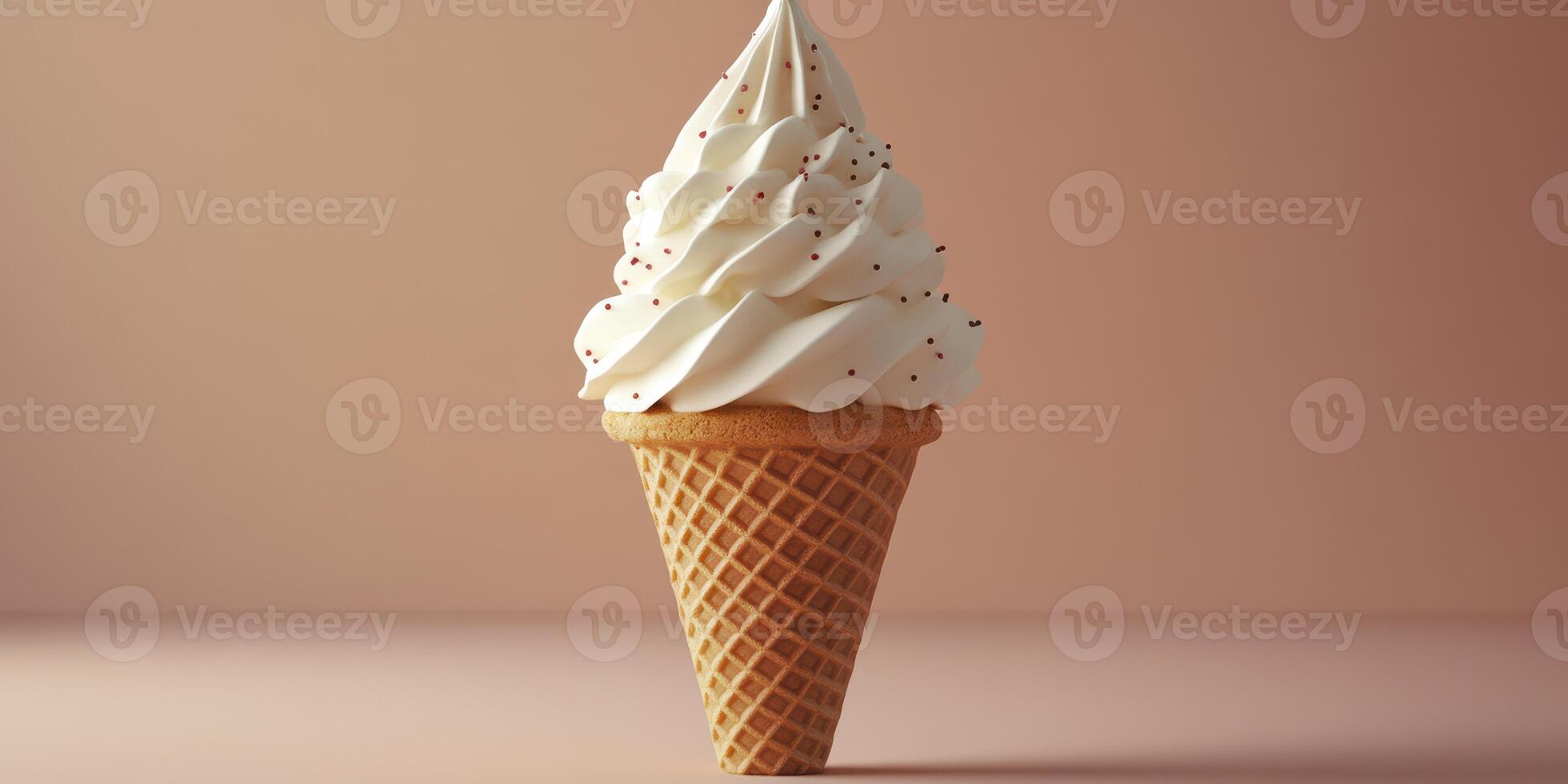 Enjoying a classic ice cream cone with swirled vanilla soft serve and chocolate sprinkles on a pastel background photo
