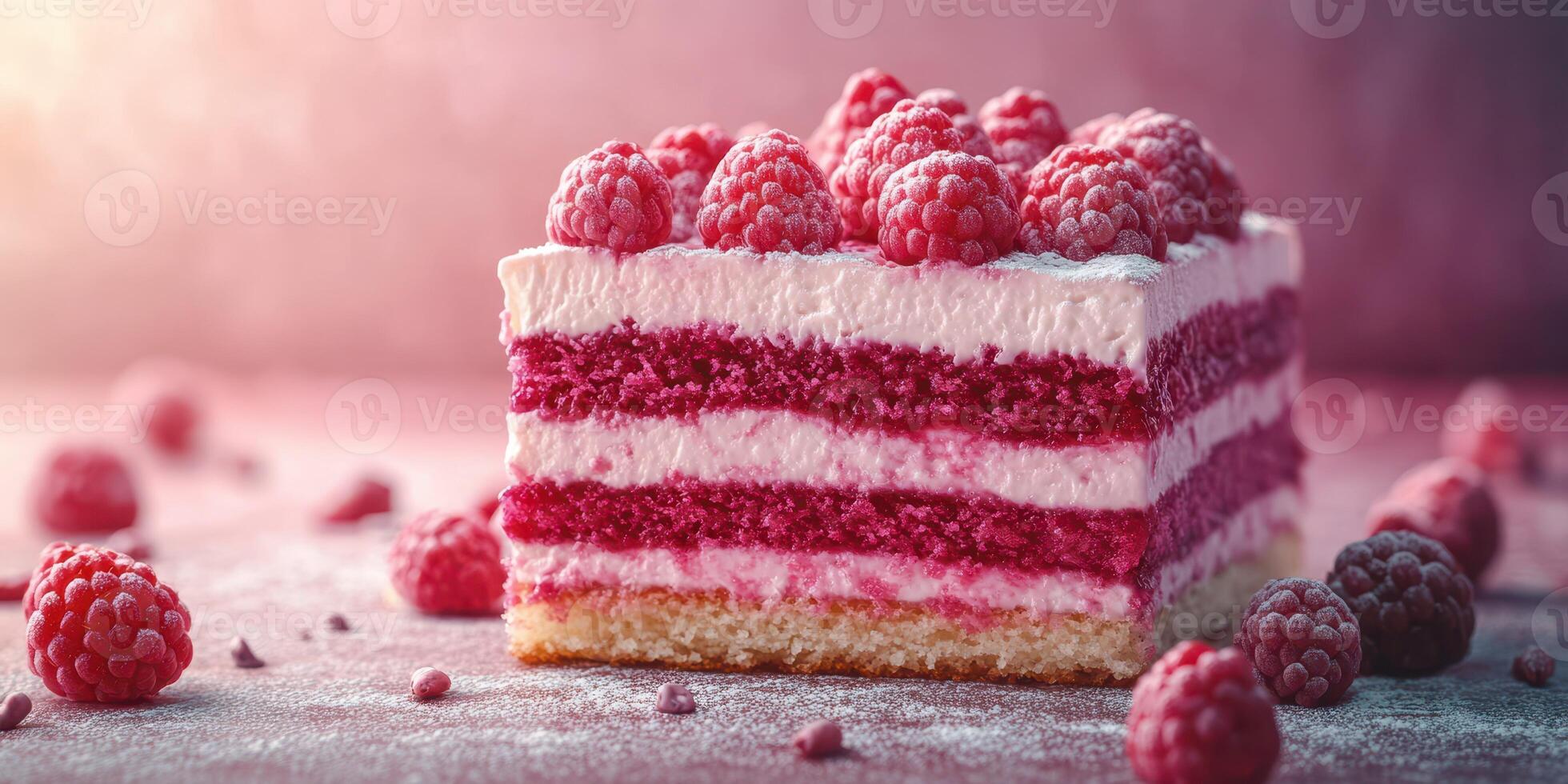 Delicious raspberry cake layered with cream and fresh berries on a rustic table setting in warm lighting photo