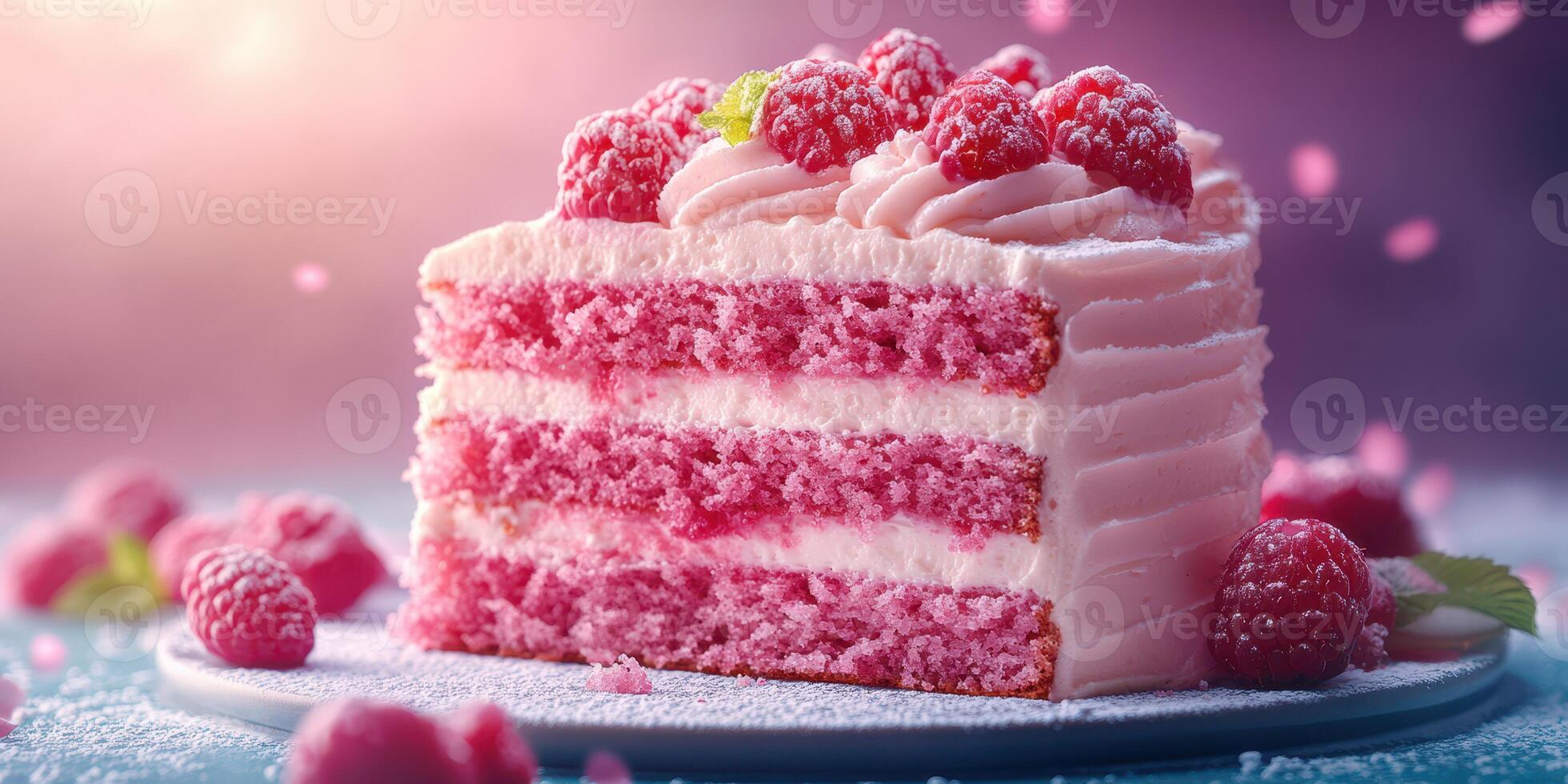 Stunning raspberry layer cake showcases perfect pink layers and fresh toppings in a warm, inviting light setting photo