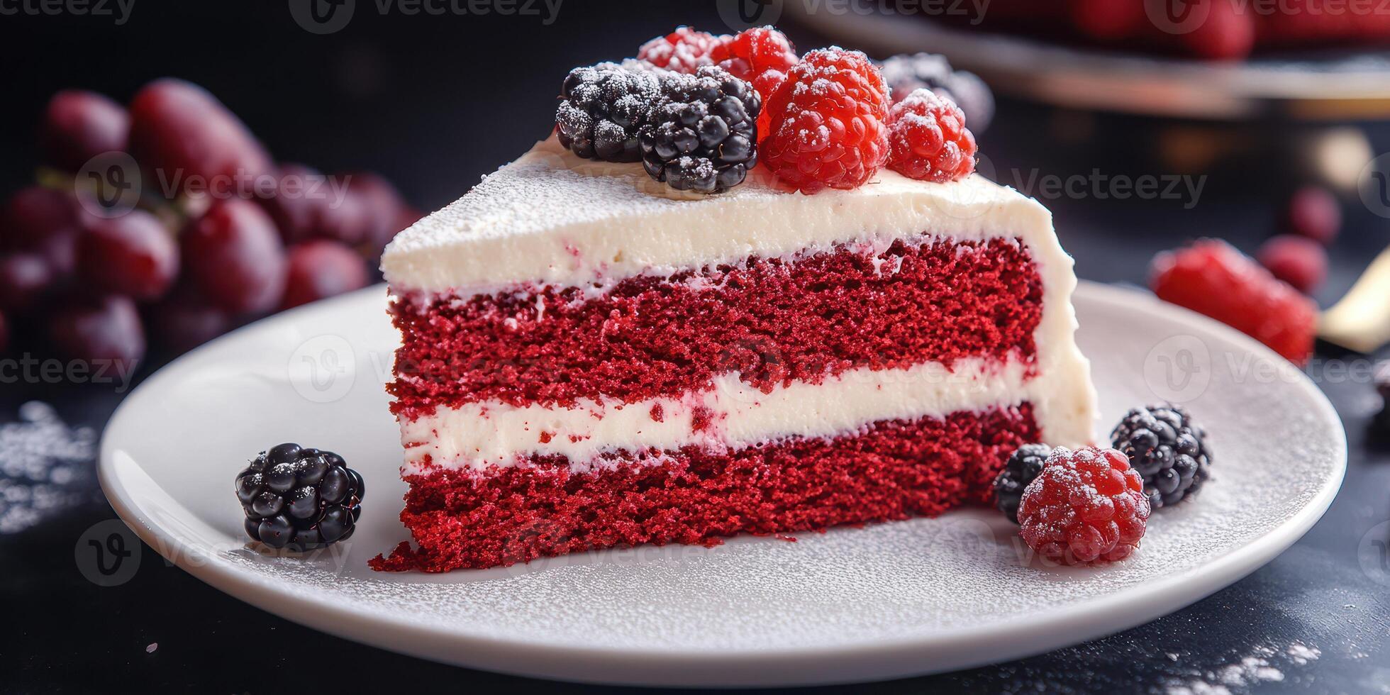 Delicious red velvet cake slice topped with fresh berries served on a white plate photo