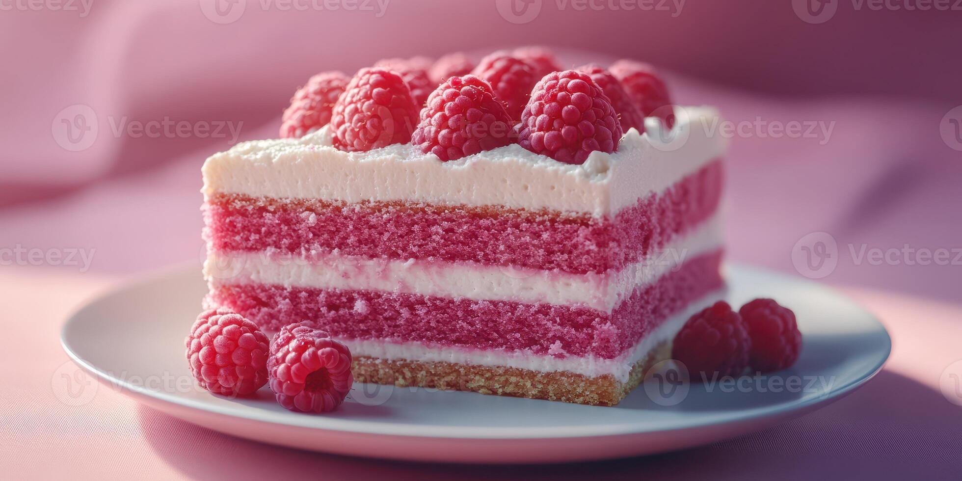 Delicious layered raspberry cake showcased on a simple plate with fresh berries in a soft light setting photo