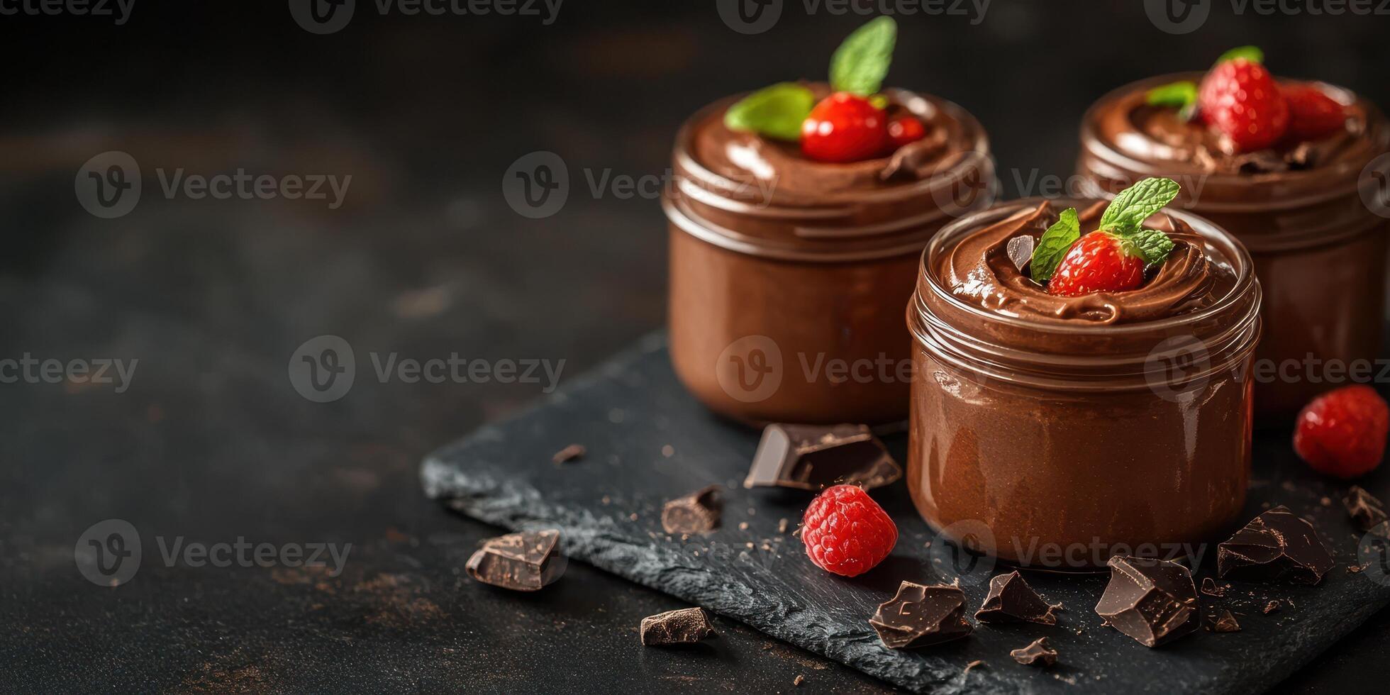 Delicious chocolate mousse served in small jars with raspberries and mint on a rustic black slate surface photo