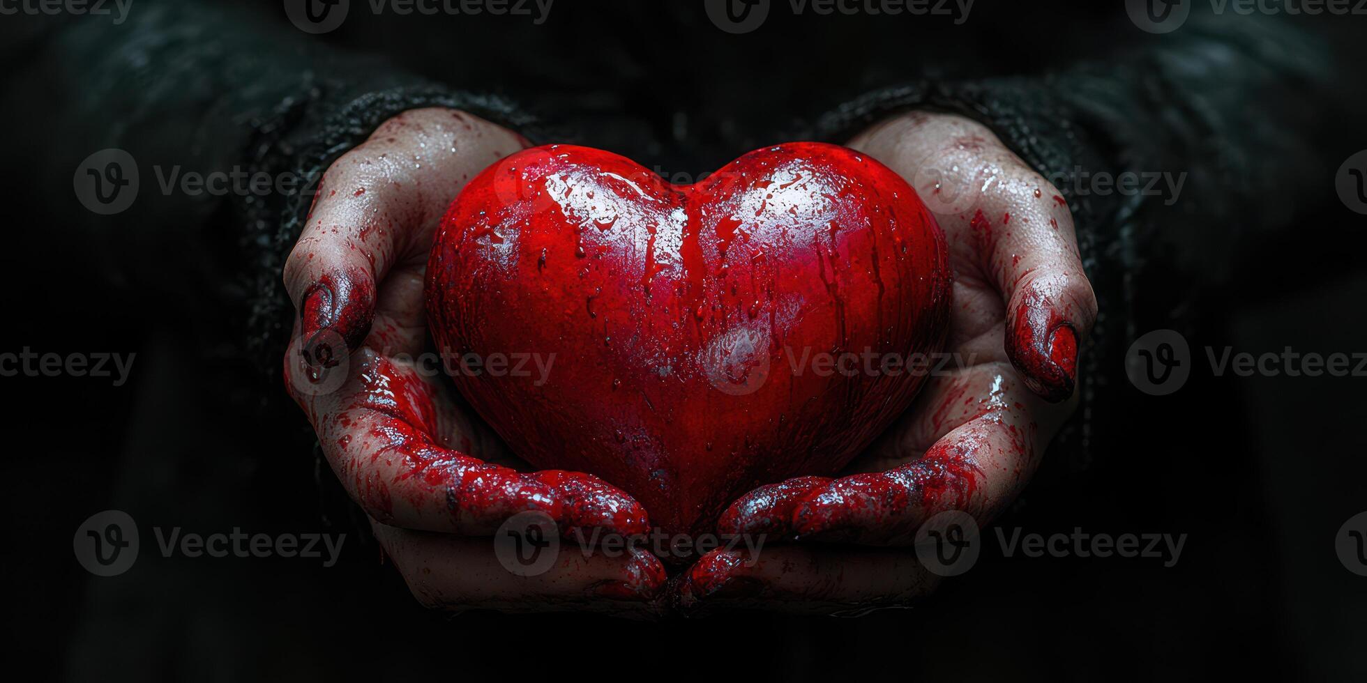 Bold expression of emotion through a red heart held in blood-stained hands during a dark and moody setting photo