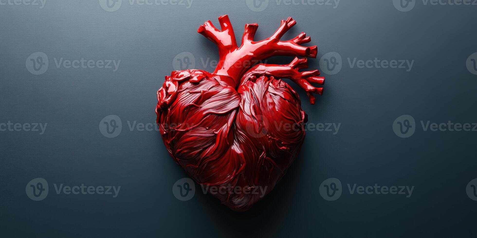 Crimson sculpture of a heart created with a textured finish displayed on a dark background photo