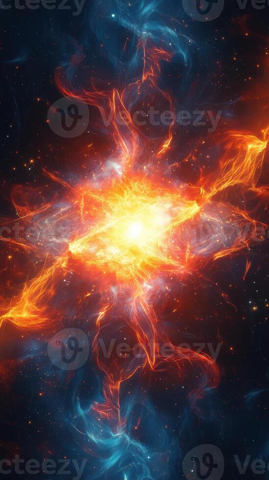 Vivid cosmic explosion illuminating the depths of space with fiery colors and swirling gases in a breathtaking celestial display photo