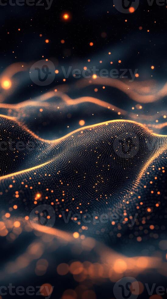 Abstract representation of digital waves with golden particles glowing in a dark background during a creative visualization session photo